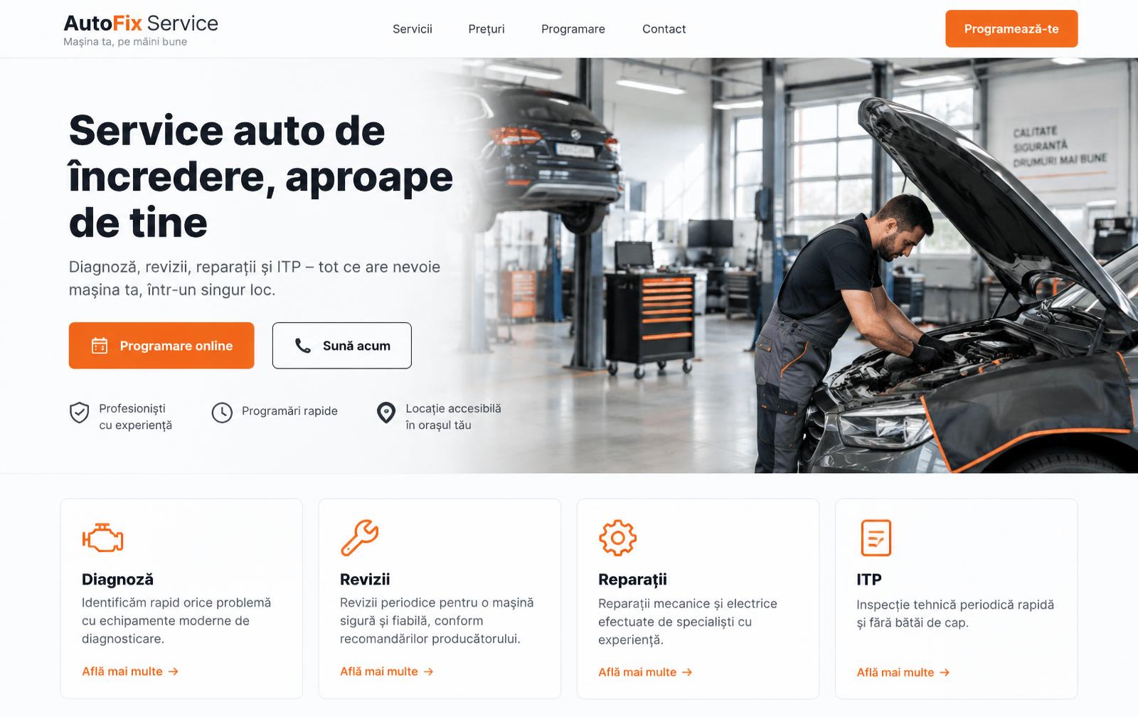 Concept de site pentru service auto – pagina principală AutoFix Service